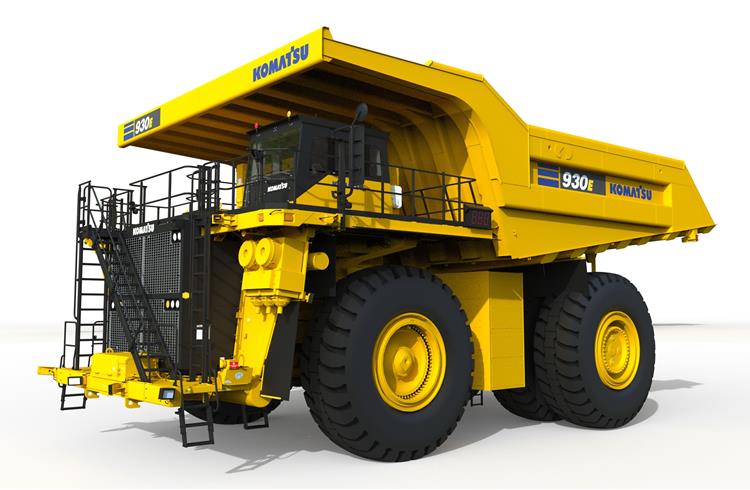 A front 3/4th view of a virtual rendering of Komatsu’s 930E mining truck that will be powered by HYDROTEC fuel cells.