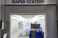 Rapid paint station ensures quick turnaround by reducing time spent by a vehicle inside the paint booth from 90 to 70 minutes for repainting of a panel. 