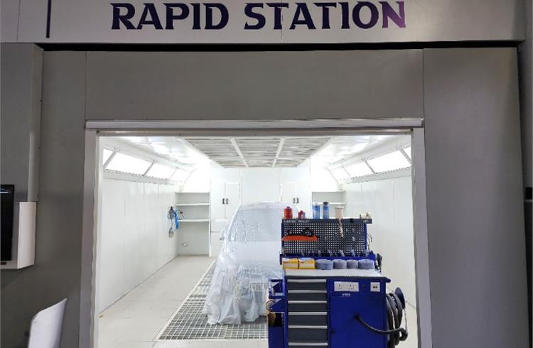 Rapid paint station ensures quick turnaround by reducing time spent by a vehicle inside the paint booth from 90 to 70 minutes for repainting of a panel. 