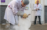 Dr Thomas Grandjean from WMG, University of Warwick handling the battery cell frozen by liquid nitrogen,