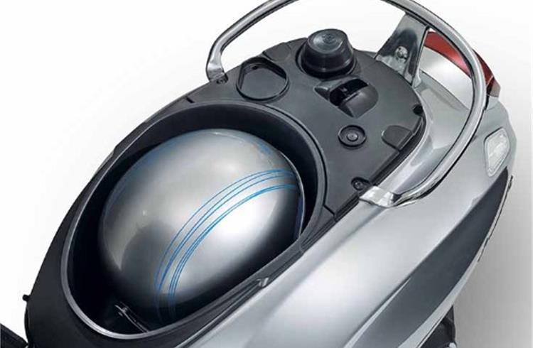 Piaggio says compact battery pack does not compromise the functionality of the Vespa Elettrica seat compartment, which can hold a Jet helmet.