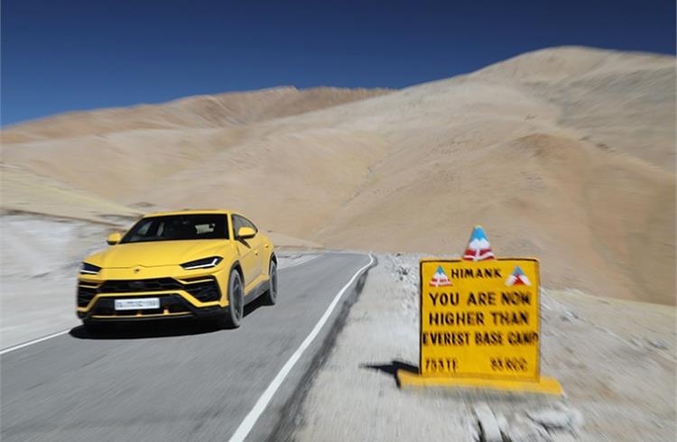 At 4,085 units, the Urus is Lamborghini’s best-selling model. Seen here at the Umling La Pass -- at 19,300 ft – the world’s new highest motorable road.