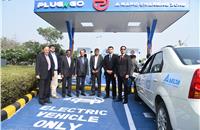 L-R: EV Motors India Vinit Bansal,  ; DLF India's Amit Midha: Delta Electronics India's Akshaye Barbuddhe, and ABB India's K N  Sreevatsa at the launch of PlugNgo EV Charging Outlet.