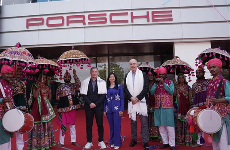L-R: Manolito Vujicic, Brand Director, Porsche India; Palak Shah, Dealer Principal, Porsche Centre Ahmedabad, Dr. Manfred Bräunl, CEO, PME at the opening of the new showroom in Ahmedabad, 