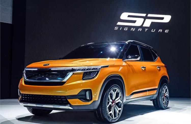 The Signature concept previews the near-production-spec Kia SP2i SUV, which is set to be launched in India later in 2019. 