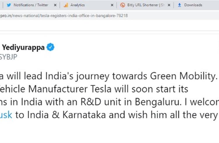 Karnataka Chief Minister B S Yediyurappa's tweet on January 12 confirming the Tesla plan for an R&D unit. He later deleted the tweet.