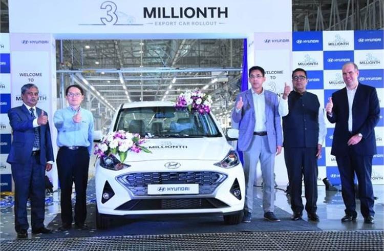 On January 30, 2020, Hyundai rolled out its three-millionth made-in-lndia car for export from its Chennai plant. The milestone car was a Hyundai Aura, badged as the Grand i10 as the compact sedan sell