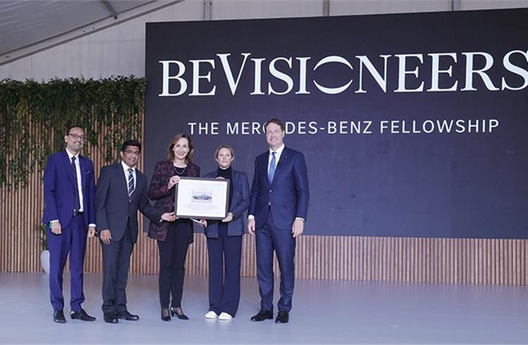L-R: Santosh Iyer, MD and CEO, Mercedes-Benz India; Manu Saale, MD and CEO, MBRDI ; Renata Jungo Brüngger, Member of the Board of Management of Mercedes-Benz Group for Integrity and Legal Affairs, Katherin Kirschenmann; founder, DO School, and Ola Kallenius, Chairman, Mercedes-Benz Group.