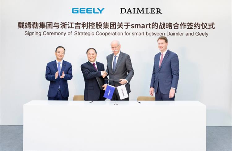 L-R: An Conghiu, Geely Auto Group president and CEO; Li Shufu, Geely Holding chairman; Dieter Zetsche, chairman, Daimler AG and Head of Mercedes-Benz Cars, and Mercedes-Benz Cars' Ola Källenius, 