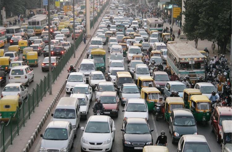 A typical sight on a busy work-day in the national capital; New Delhi registered 1.12 crore vehicles as of end-2018.