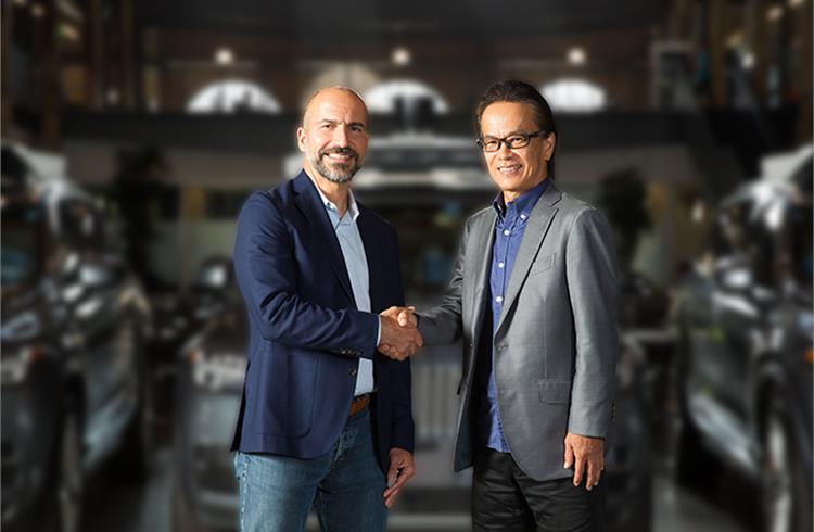 L-R: Dara Khosrowshahi, Uber's CEO and Shigeki Tomoyama, executive vice president, TMC, and president, Toyota Connected Company