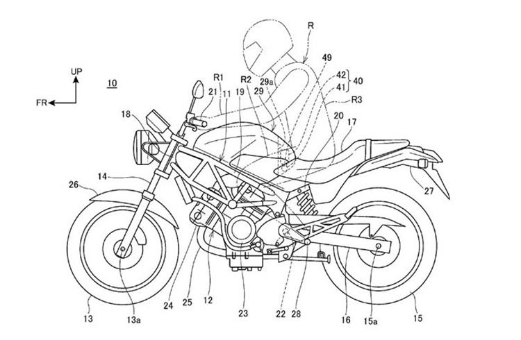 The first design shows the airbag mounted at the front of the seat, between the rider's legs.
