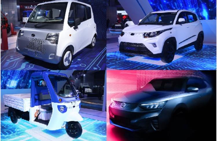 In India, Mahindra Electric plans to launch the (clockwise from top left) Atom quadricycle, eKUV100 SUV; SsangYong E100 (Tivoli EV) and Treo Zor load carrier later this fiscal.