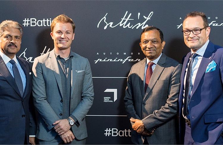 Anand Mahindra, Nico Rosberg and Dr Pawan Goenka, Michael Perschke at the 2019 Geneva Motor Show.