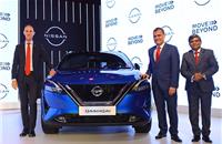 Nissan Motor India MD Rakesh Srivastava (right) with their India Operation President Frank Torres (left) and Divisional Vice President for Marketing and Sales Operations Joni Paiva at the unveiling of the company's 'X-Trail', 'Qashqai' and 'Juke' SUVs, at Aerocity, New Delhi in 2022.