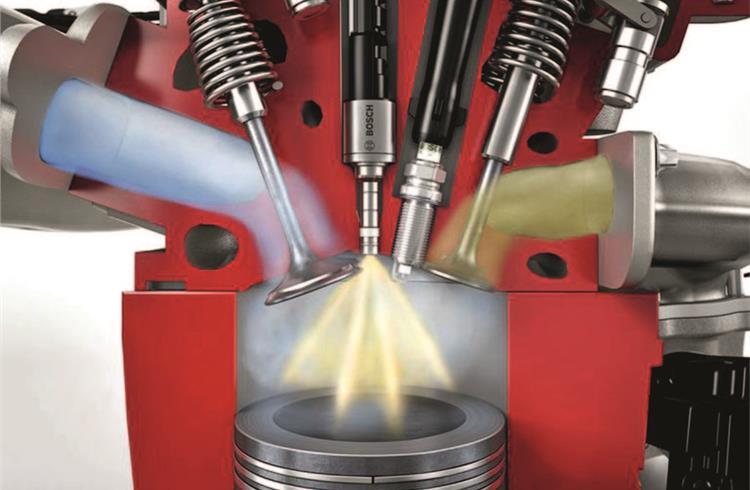 Here, fuel and air are microseconds away from being compressed and ignited in a direct-injection petrol engine. How much it can be compressed depends on the octane rating of the fuel