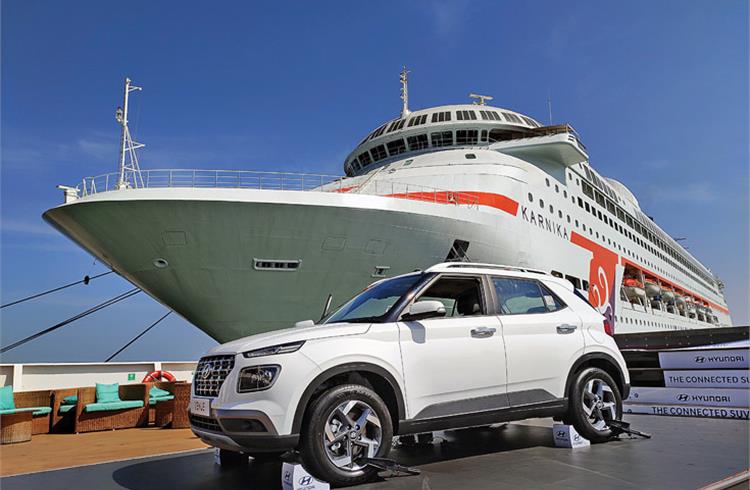 In a market on choppy waters, Hyundai Motor India is looking for wind in its sales. The Hyundai Venue was first revealed aboard a cruise ship on April 17.