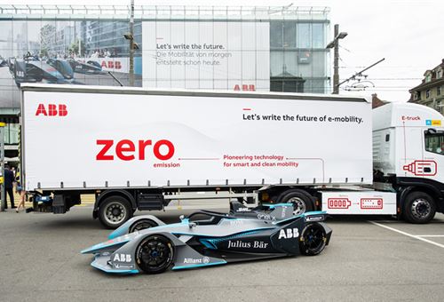 ABB’s full-electric truck delivers Formula E racecar in time for Bern event