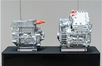 Left: A 3-in-1 powertrain prototype, which modularises the motor, inverter and reducer, planned for use in EVs. Right: A 5-in-1 prototype, which additionally modularises the generator and increaser, is planned for use in e-Power vehicles.