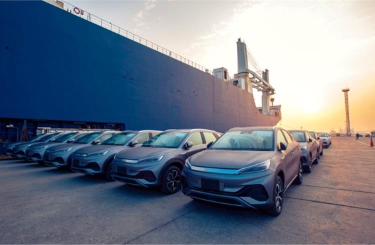 BYD electric cars ready for shipment to overseas markets. 