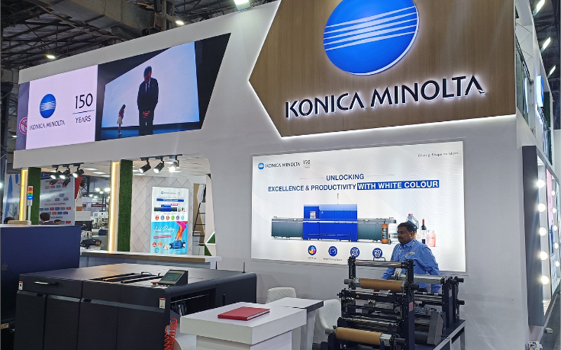 Konica Minolta is showing its production print engines along with industrial products — MGI + inline foiling and AL400 with white label printer range
