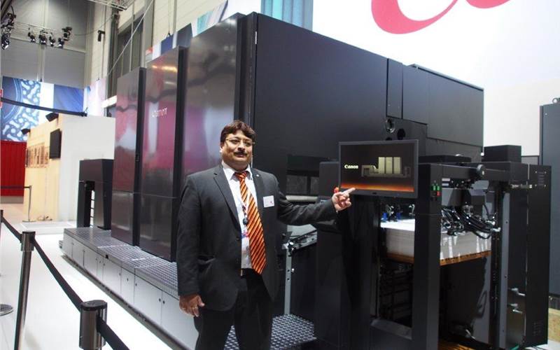 Targeted at high-end commercial and photo printing applications demanding the highest print quality, Canon’s Voyager B2+ inkjet press is still a prototype set to launch in 2018. The Voyager is based on “the latest inkjet technology” developed by Canon. It is a seven colour device with B2+ duplex capability and prints pigment inks at a speed of 3,000 sheets per hour. Canon’s Puneet Datta says, “B2+ means that the final print size will be of B2 and the sheet size will be slightly bigger. The machine also features an inline gloss optimiser and is powered with the new Drupa-launch EFI Fiery XB Scalable Blade Server”