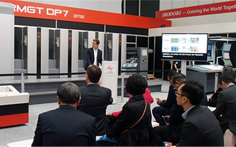 The merger of Ryobi and Mitsubishi Heavy Industries’ press operations was demonstrating DP7, its B2 format liquid toner press. Based on a Ryobi 750 offset press chassis fitted with Miyakoshi 1,200dpi heads and high viscosity liquid toner, it offers 6,000sph, with up to 8,000sph in potential. The Drupa configuration was four units, but five or more will be possible, including a 4/4 perfector