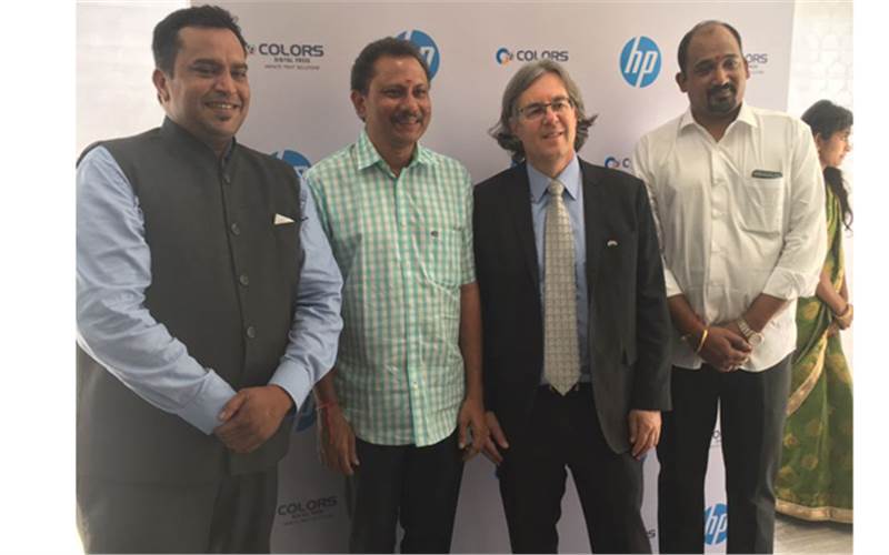 Hyderabad-based Colors Digital installed the first HP Indigo 12000 digital press in India for the photo market segment. Appadurai, Chaitanya of Colors Digital, Alon Bar-Shany and Srinivas of Colors Digital are seen posing during the launch