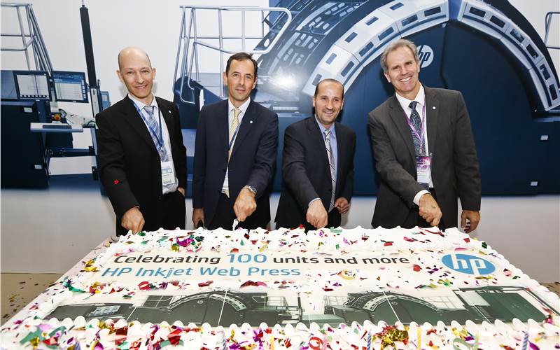 HP completed installation of 100 HP inkjet web presses worldwide at the end of January 2013. The top brass of HP celebrating the success