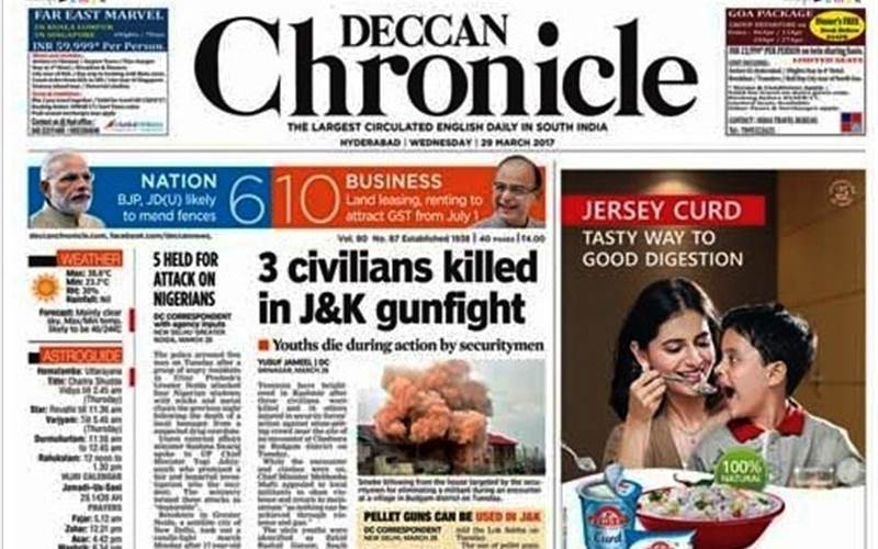 The 29 March 2017 Front Page of Deccan Chronicle's Hyderabad issue