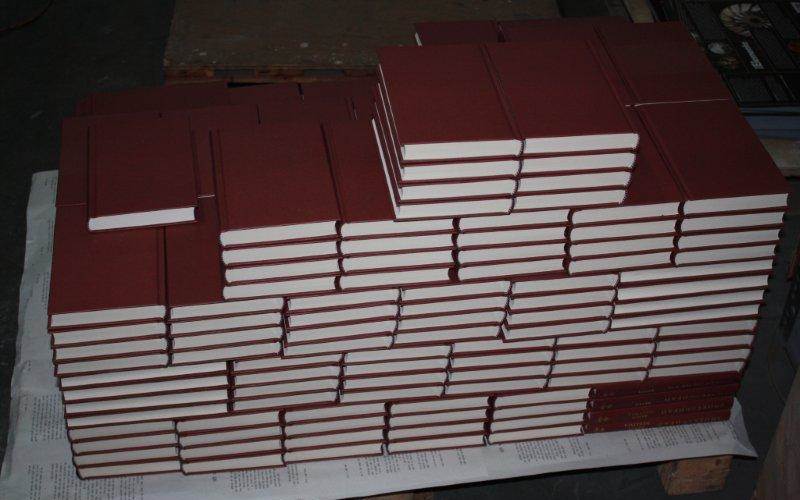 A stack of hard case books minus outer jacket