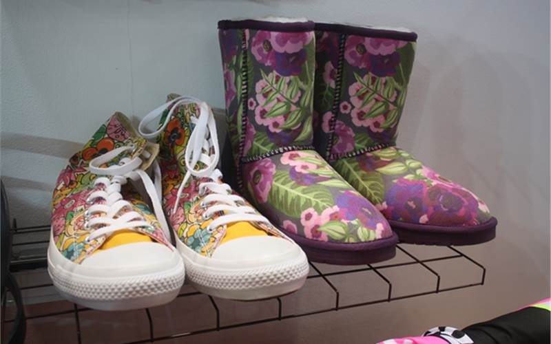 A display of shoe fabric designs printed using Mimaki kit