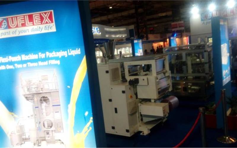 India’s largest global flexible packaging solution, Uflex, displayed ESL aseptic flexi-pouch machine for packaging liquid with one, two or three head filling, Uflex PFS, pick fill and seal, and Uflex flow wrap machines