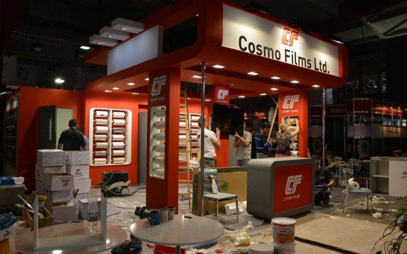 Cosmo Film&#8217;s stand being set up. This Indian manufacture will showcase BOPP, coated and thermal laminating films