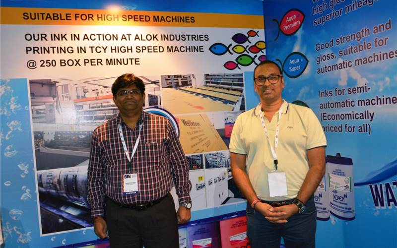 Seven-11 Inks had on offer its water-based ink solution for box printing. (l-r) Narendra Modi and Rajkumar Lodha. Said Modi, "We have three ink sets Aqua Eco, Aqua Super and Aqua Premium. The Super and the Premium sets can print at a speed of 250 boxes/ min." The company produces 20-25 tonnes inks each month.